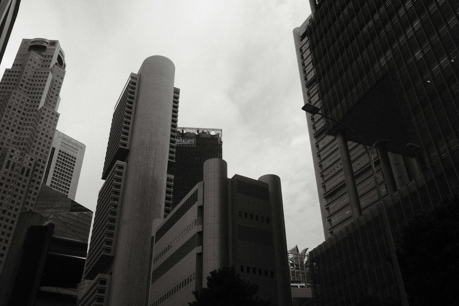 A black and white photo of tall buildings